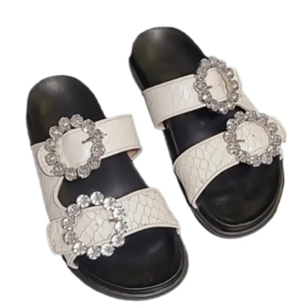 Schutz Ariel Crystal-Embellished Snakeskin Embossed White Leather Slides sz 7.5